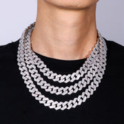 Three-Row Diamond Prong Cuban Link Chain White Gold